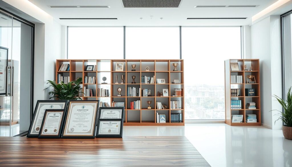 "A modern, well-lit office with a wooden desk displaying framed certifications and awards, a minimalist bookshelf holding industry publications and trophies, and a floor-to-ceiling window flooding the space with natural light. The scene conveys professionalism, expertise, and transparency—reflecting the brand’s core values of excellence and credibility."