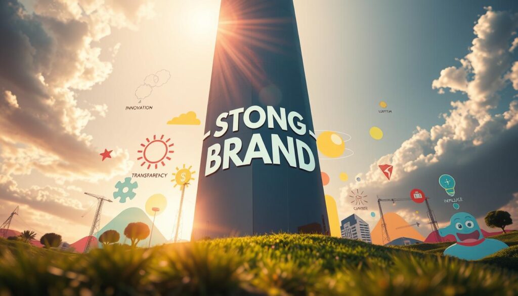 A vibrant visual landscape depicting the core values of a strong brand. In the foreground, a towering pillar of integrity, its surface reflecting the diverse elements that define the brand's identity. Surrounding it, abstract shapes and symbols representing the brand's principles - innovation, transparency, and a steadfast commitment to customer satisfaction. In the background, a warm, radiant light suffuses the scene, illuminating the dynamic interplay of these brand values, creating a sense of harmony and purpose. Captured through a wide-angle lens, the composition conveys the holistic, multifaceted nature of a brand grounded in its core principles.
