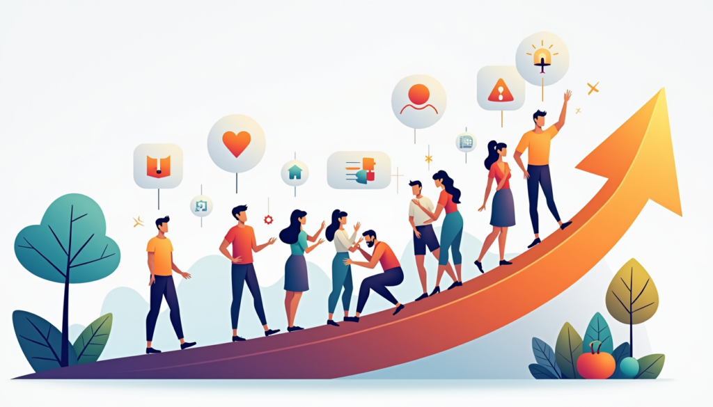 An illustration showing values transforming into action: A glowing arrow rises upward, with abstract icons (heart, scale, lightbulb) on one side shifting into real-world scenes (team collaboration, planting a tree) on the other. A gradient background transitions from cool to warm tones, symbolizing progress