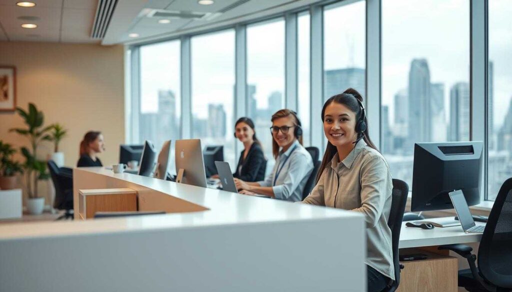 A group of professionals working at desks in an office, focused on tasks related to Support Excellence and Migration Services.